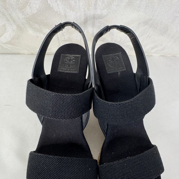 Tory Burch Black 2 Band Canvas Wedge Sandals Size 7 - Picture 7 of 12